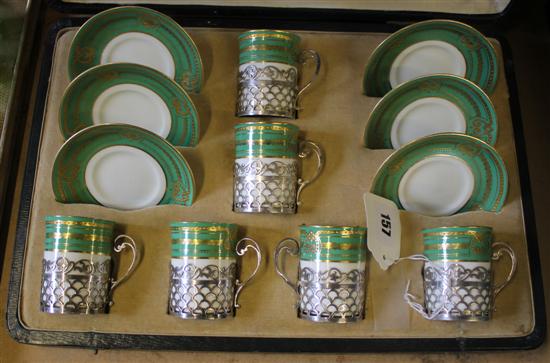 Set of six Crescent China silver-mounted coffee cans & saucers, in Mappin & Webb case